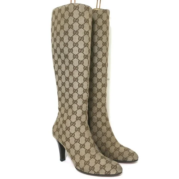 Gucci GG Monogram Canvas Knee High Boots Ebony Size 8 - Picture 2 of 12